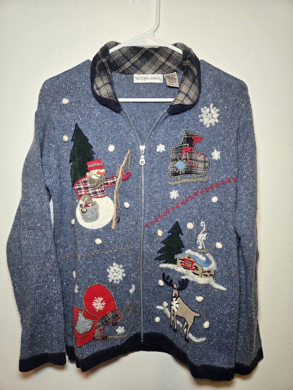 VTG Victoria Jones Women S Blue Christmas Cardigan Sweater Full Zip Cabin Winter